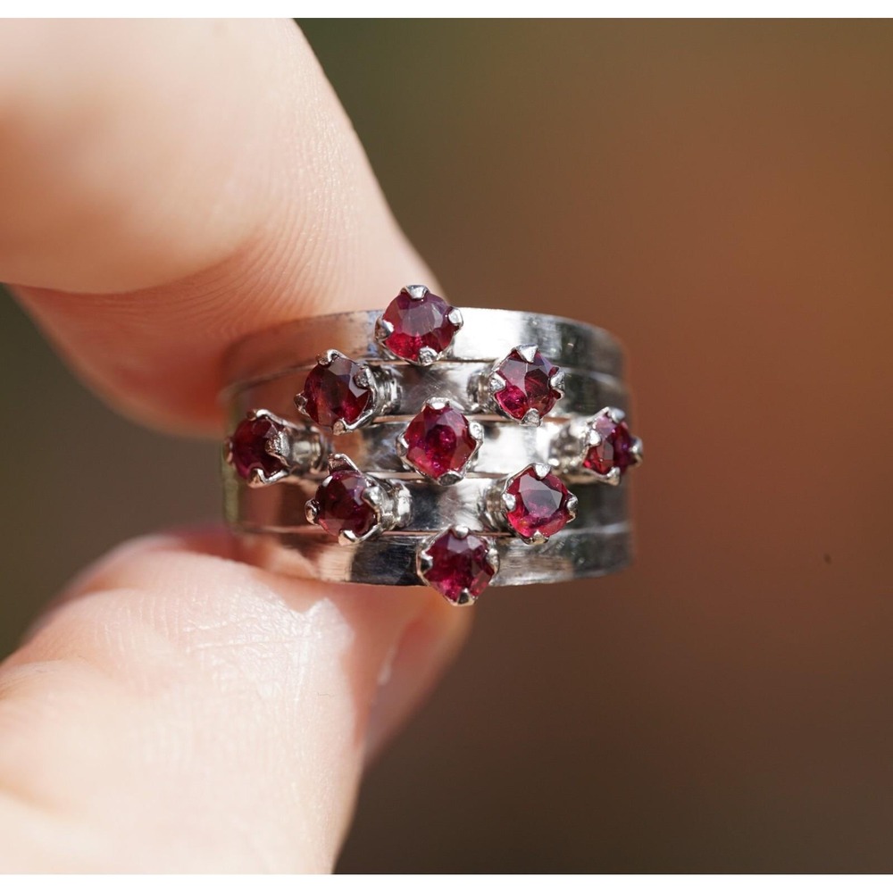 Vintage 14k‎ Solid White Gold Natural Ruby Puzzle Ring - Rows Stacked Harem